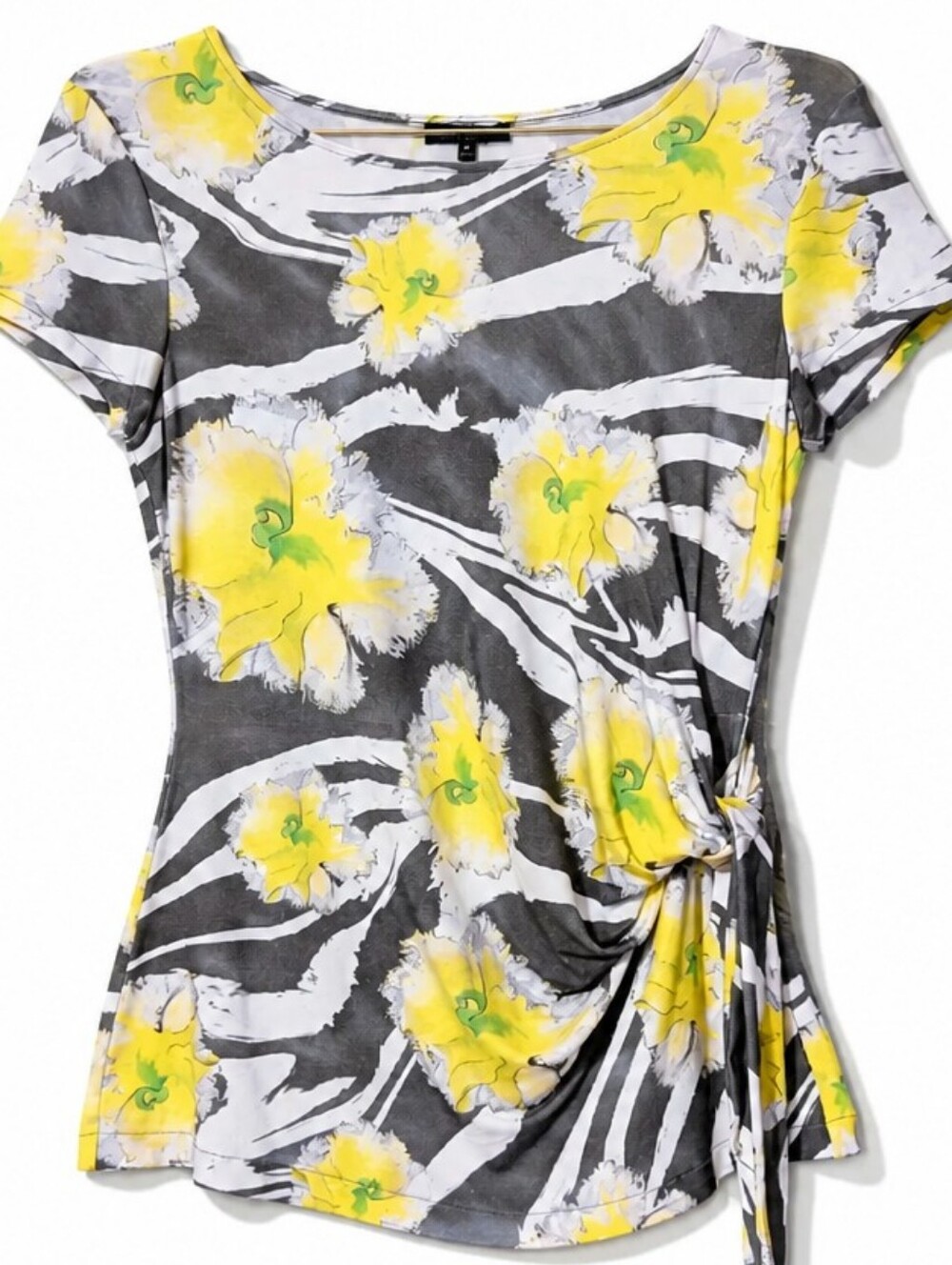 Lafayette 148 New York Womens Floral Wrap Shirt Short Sleeve Yellow Gray Stretch